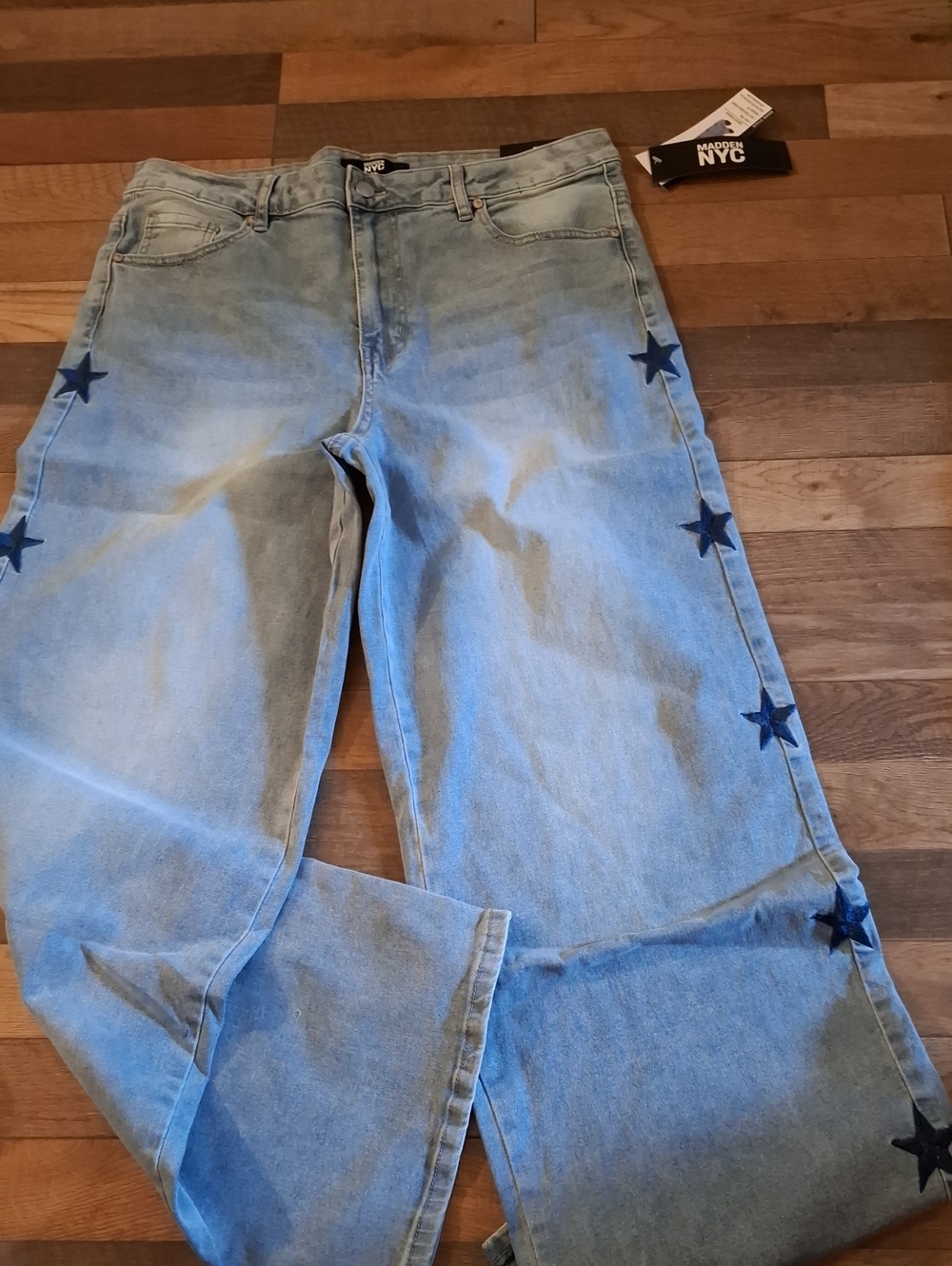 Madden NYC Light Blue Star-Embellished Wide-Leg Jeans - Women